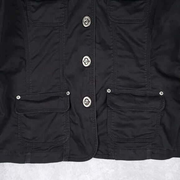 Chicos Field Coat Womens 1 Small Black Metal Twist Closure Flip Cuff Utility - Picture 7 of 16